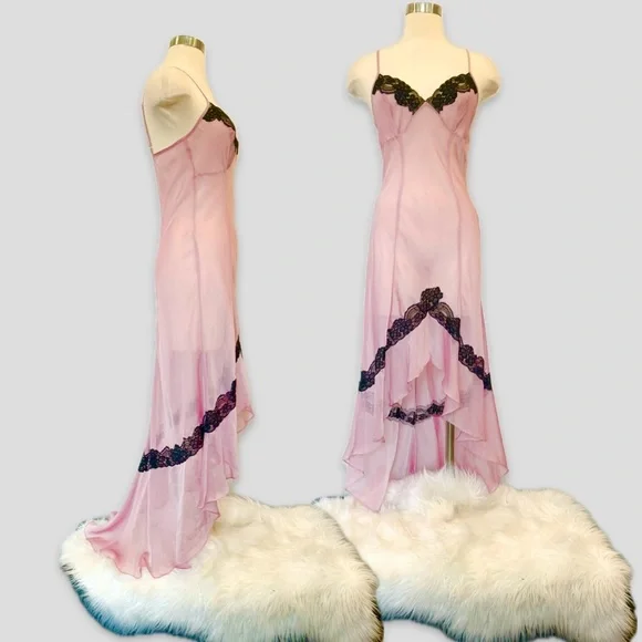 🌺SOLD🌺 Y2K Frederick’s of Hollywood Sheer Chiffon Lace Maxi Gown Slip Dress - Picture 8 of 9